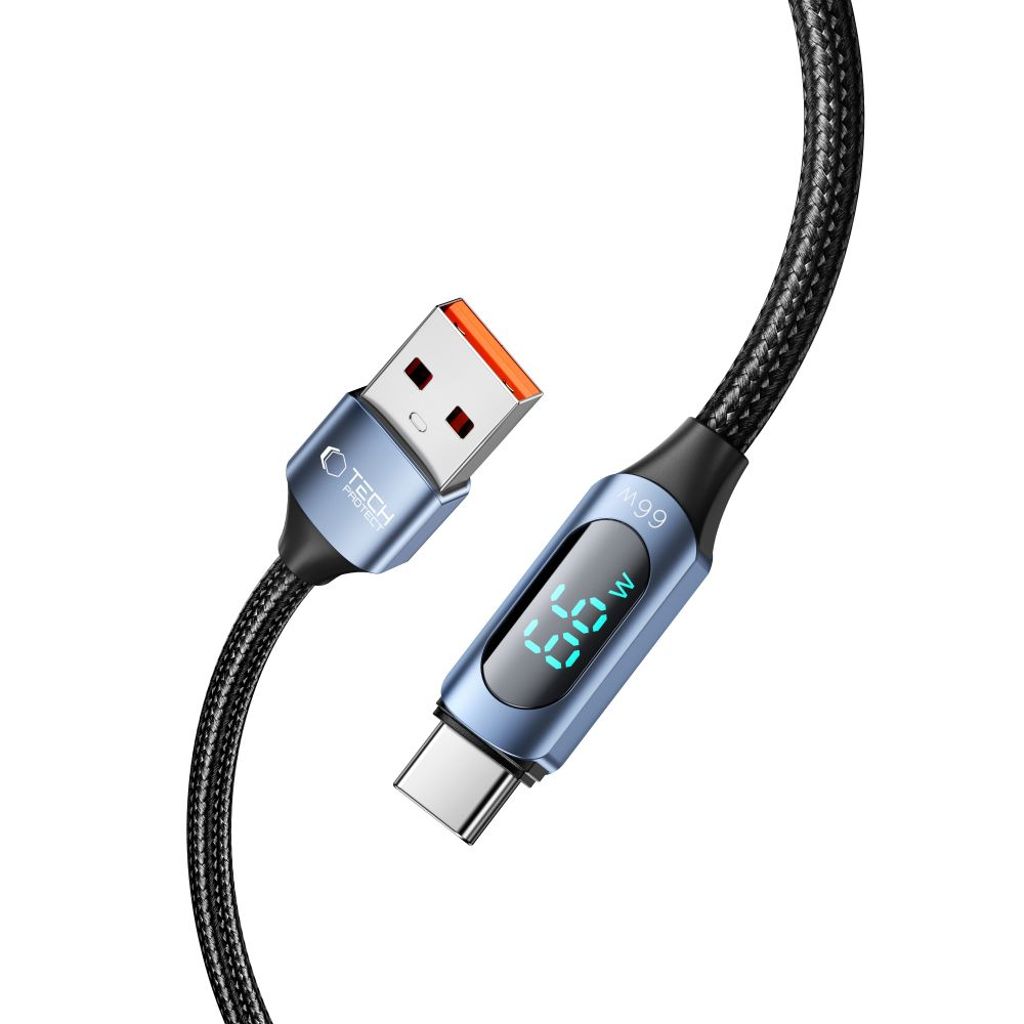 Tech-Protect UltraBoost kabel med LED display USB-C/USB-A 66W 1m blå