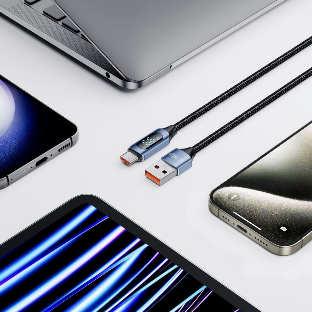 Tech-Protect UltraBoost kabel med LED display USB-C/USB-A 66W 1m blå