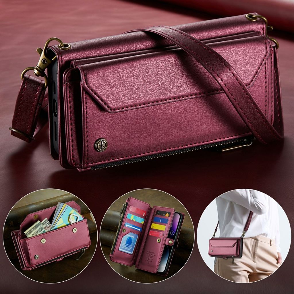 CASEME iPhone 14 Pro Max Plånboksskal Stand RFID-blockerande – Vinröd