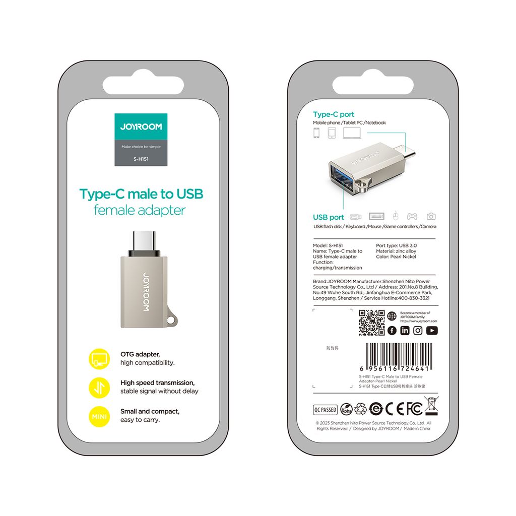Joyroom S-H151 USB-C til USB-A adapter med nøkkelbånd-øye, sølv