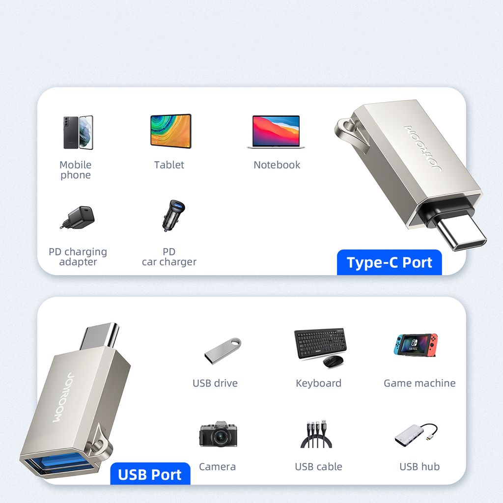 Joyroom S-H151 USB-C til USB-A adapter med nøkkelbånd-øye, sølv
