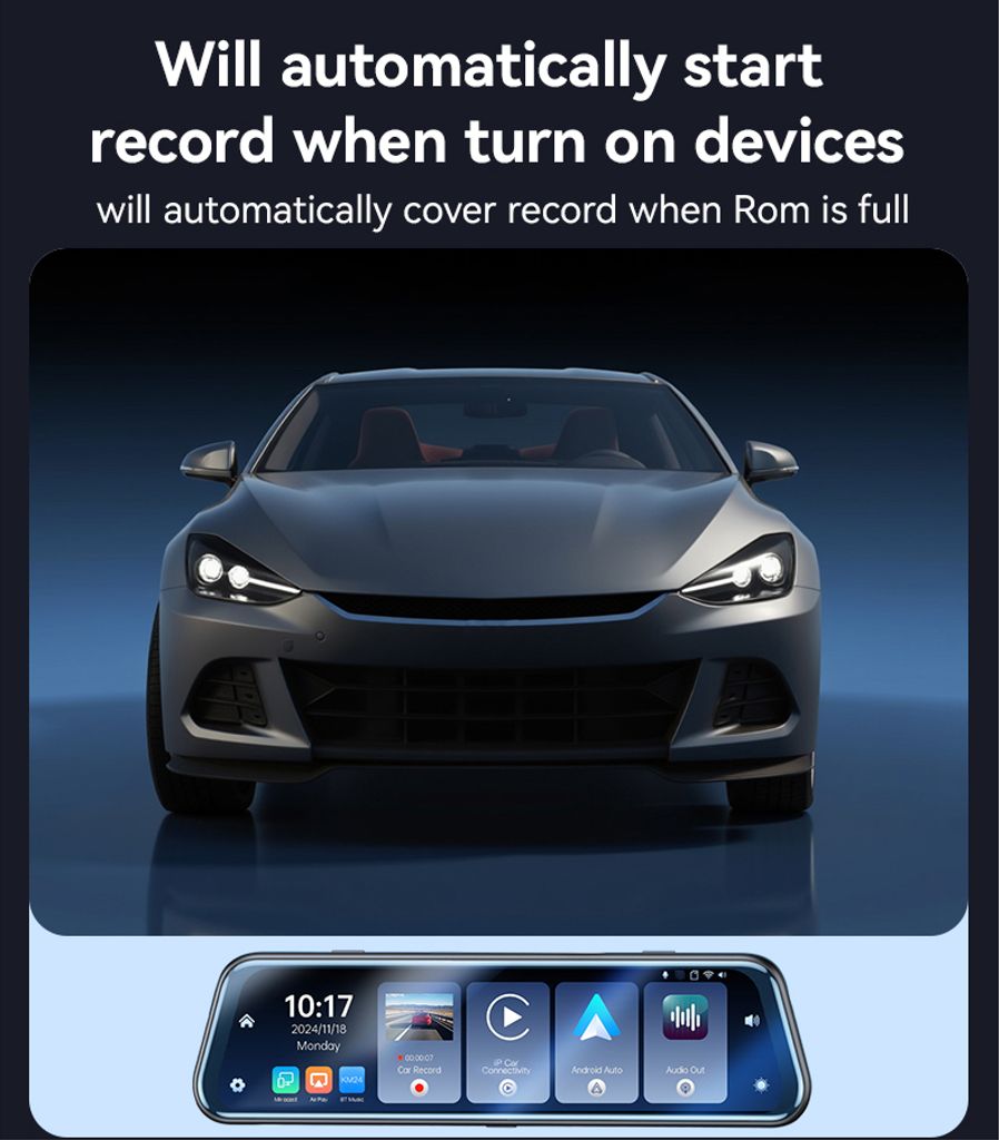 YESIDO KM24 -peruutuspeilikamera autoon, jossa on Carplay – Android Auto, AirPlay-näyttö