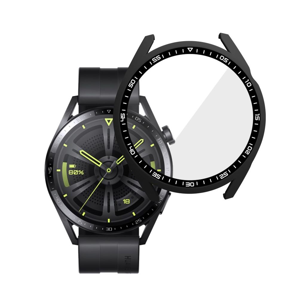 Huawei Watch GT 3 46 mm:n suojakuori karkaistulla lasisella näytönsuojalla – musta