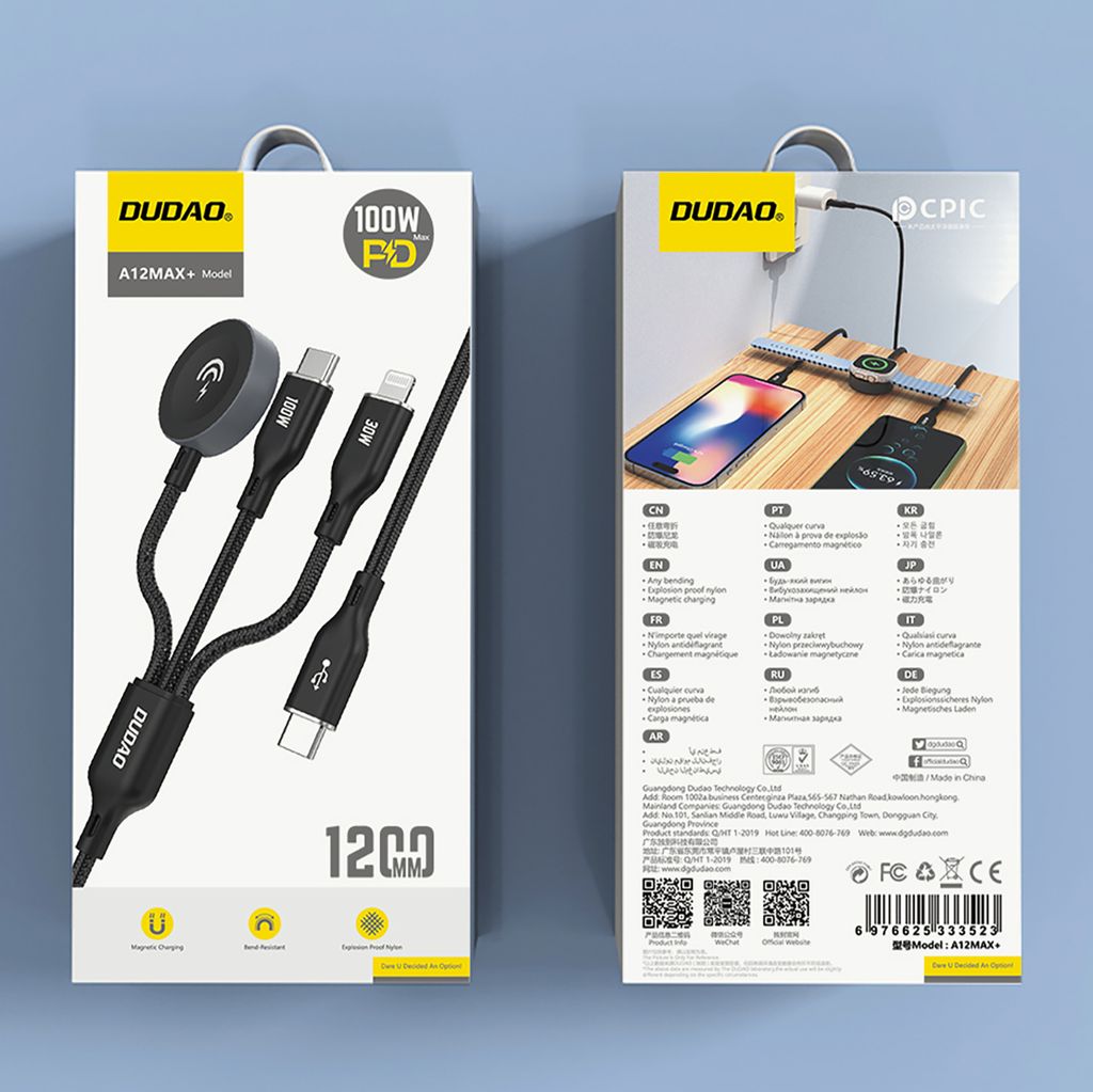 Dudao A12Max+ PD 100W 3-i-1 opladerkabel til Apple Watch/iPhone/USB-C - Sort, 1,2 m