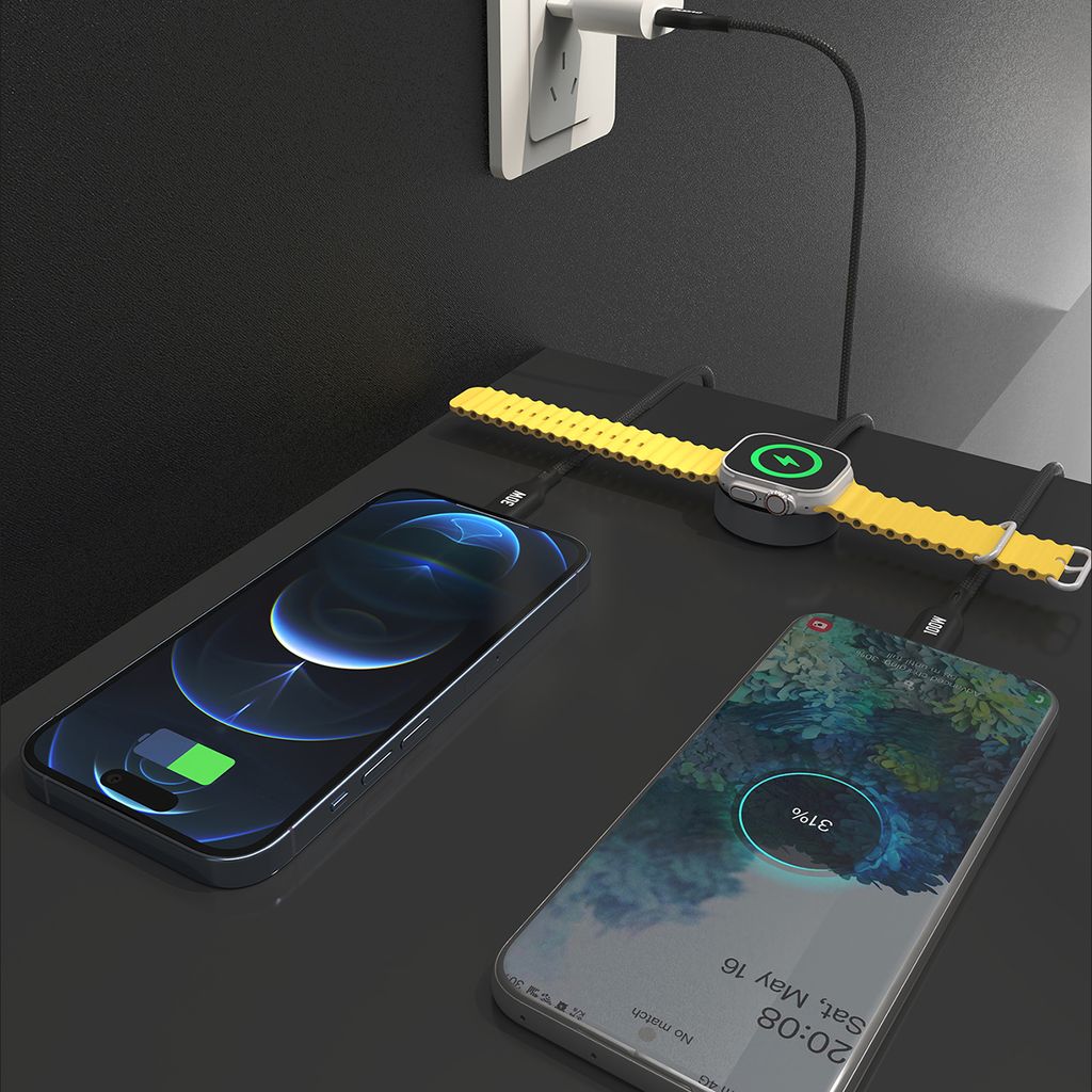Dudao A12Max+ PD 100W 3-i-1 opladerkabel til Apple Watch/iPhone/USB-C - Sort, 1,2 m