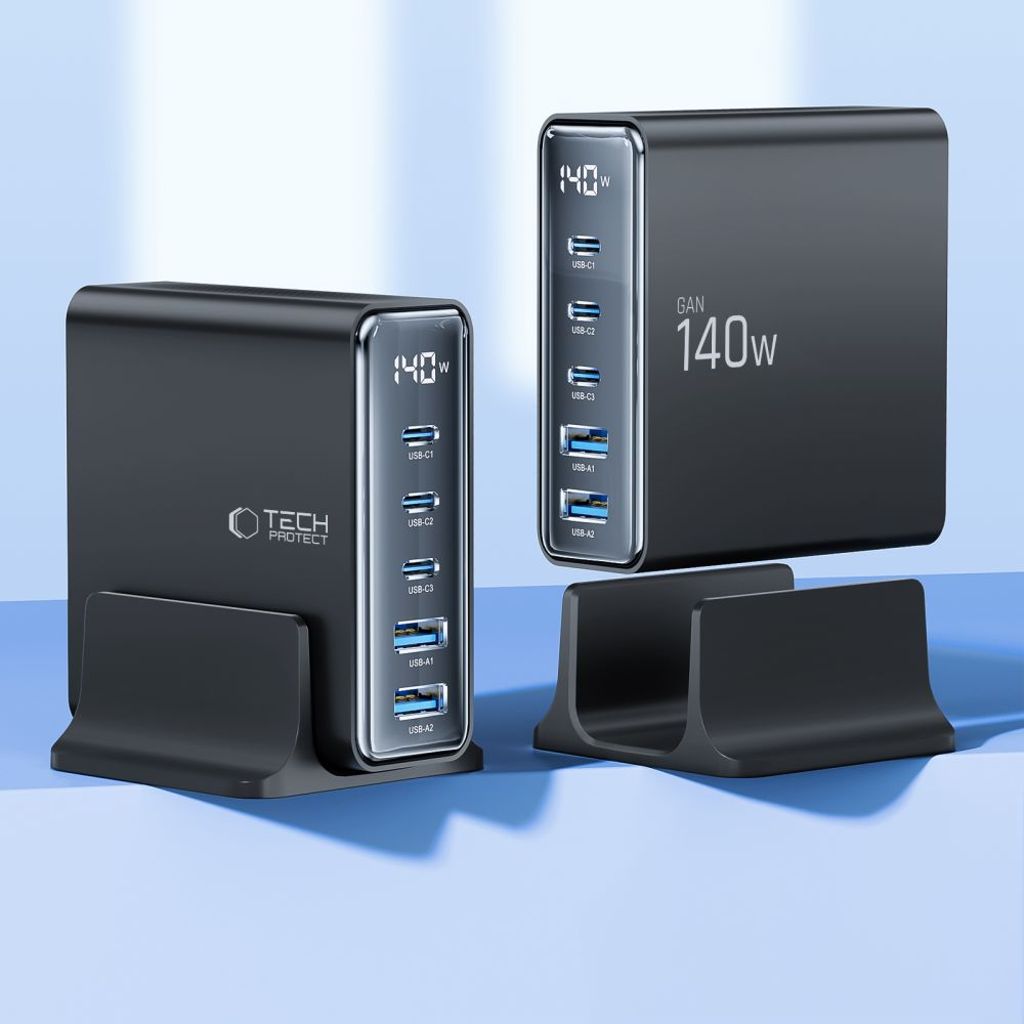 Tech-Protect DC140W-GAN 5-PORT PD140W/QC3.0 Charging Station - Svart