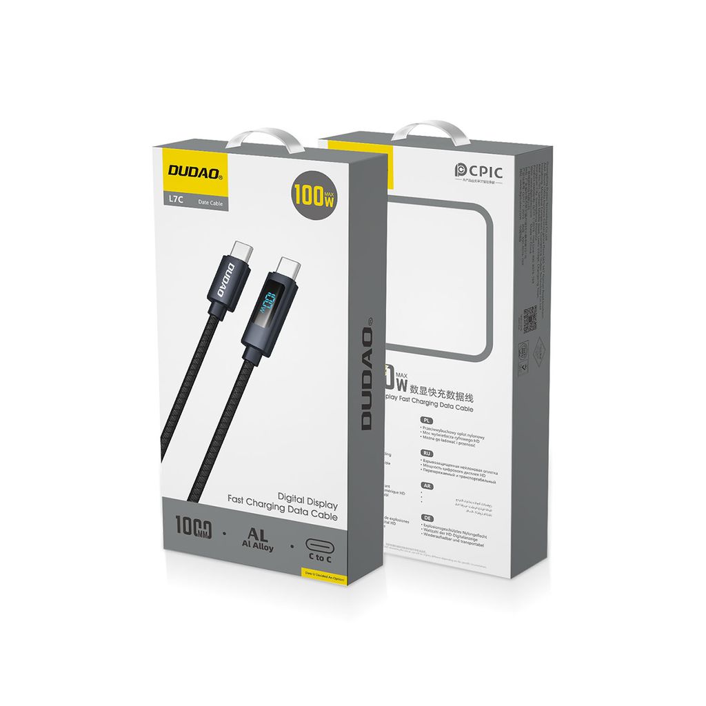 Dudao L7C USB-C til USB-C 100W kabel med LED display, 1 meter - Sort
