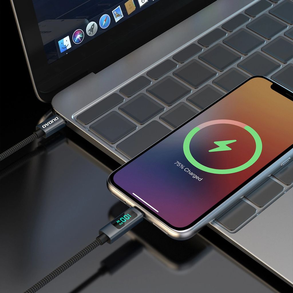 Dudao L7C USB-C til USB-C 100W kabel med LED display, 1 meter - Sort