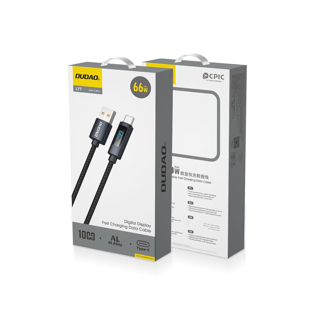 Dudao L7T USB-A til USB-C 66W kabel med LED display 1m - sort