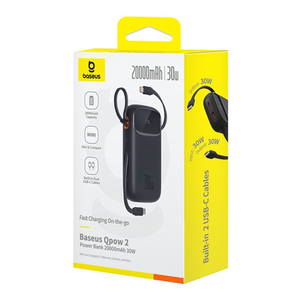 Baseus QPow 2 20000mAh 30W powerbank med 2 innebygde USB-C kabler – sort