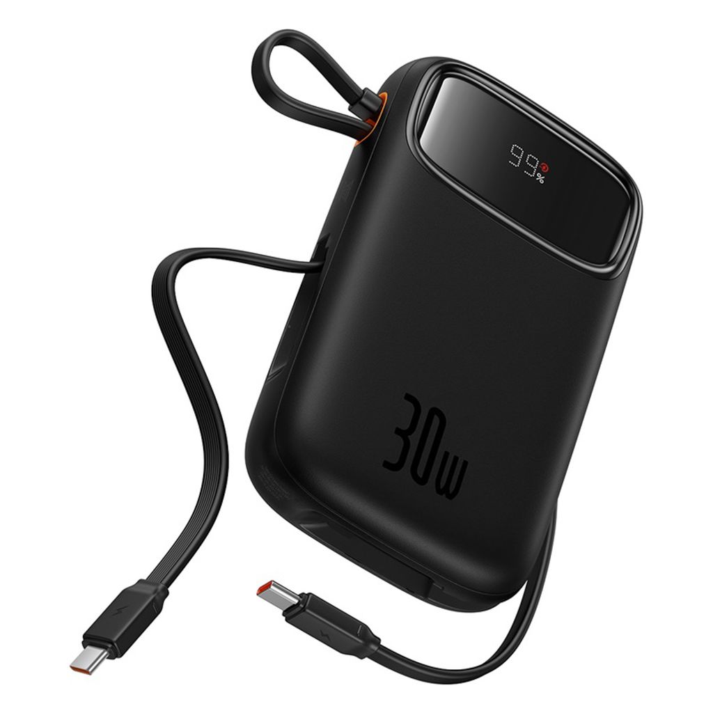Baseus QPow 2 20000mAh 30W powerbank med 2 innebygde USB-C kabler – sort