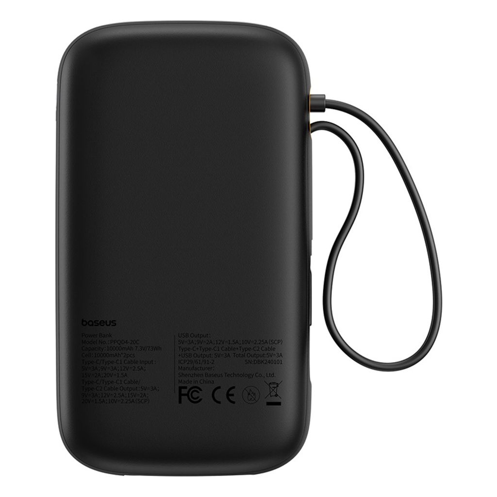 Baseus QPow 2 20000mAh 30W powerbank med 2 innebygde USB-C kabler – sort