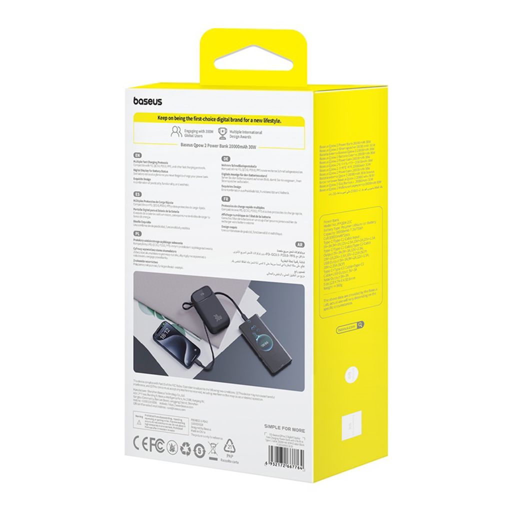 Baseus QPow 2 20000mAh 30W powerbank med 2 innebygde USB-C kabler – sort