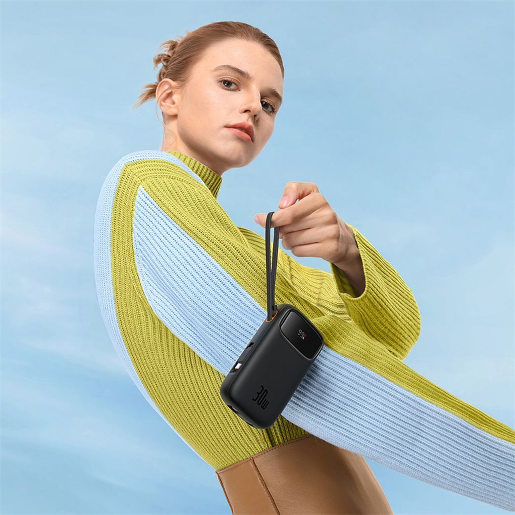 Baseus QPow 2 20000mAh 30W powerbank med 2 innebygde USB-C kabler – sort