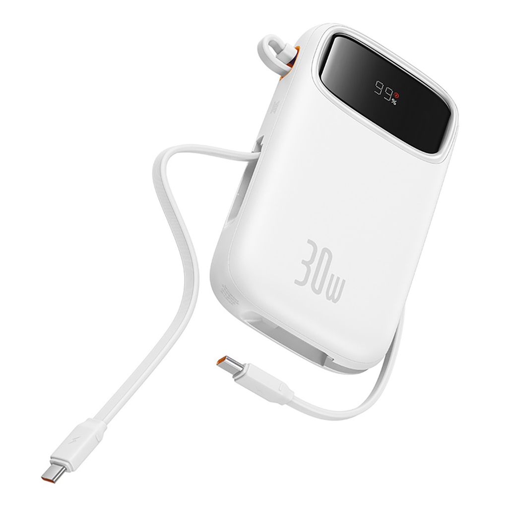 Baseus QPow 2 20000mAh 30W powerbank med 2 innebygde USB-C-kabler – hvit