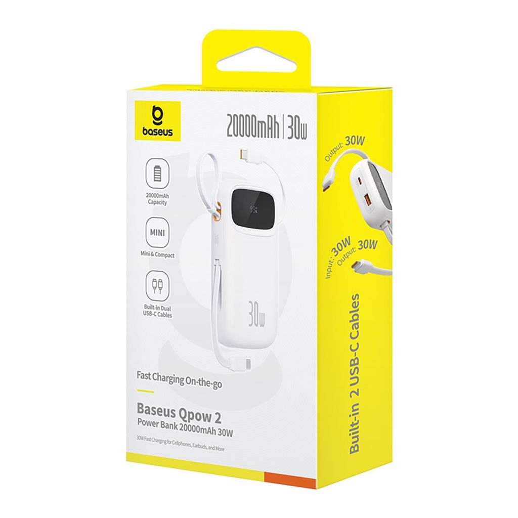 Baseus QPow 2 20000mAh 30W powerbank med 2 innebygde USB-C-kabler – hvit
