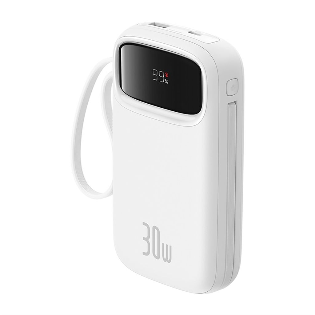 Baseus QPow 2 20000mAh 30W powerbank med 2 innebygde USB-C-kabler – hvit