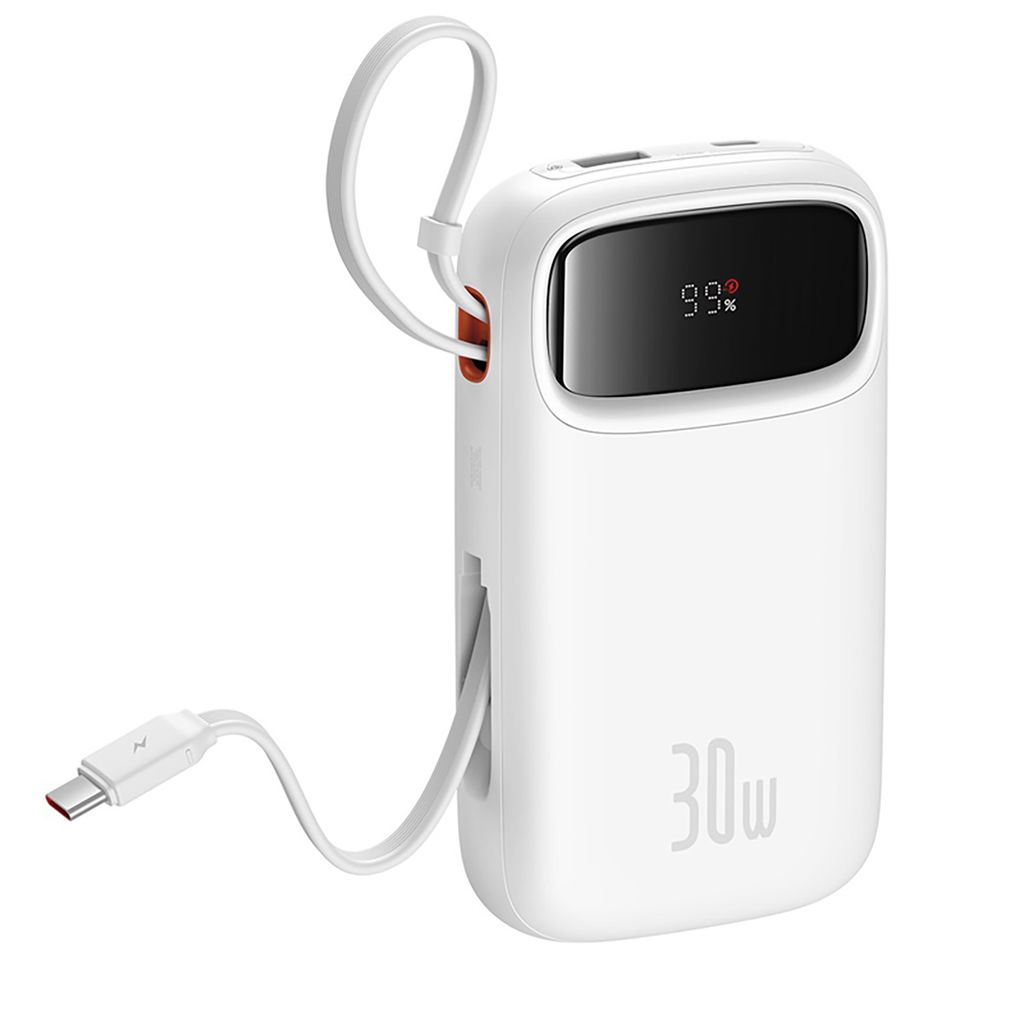 Baseus QPow 2 20000mAh 30W powerbank med 2 innebygde USB-C-kabler – hvit