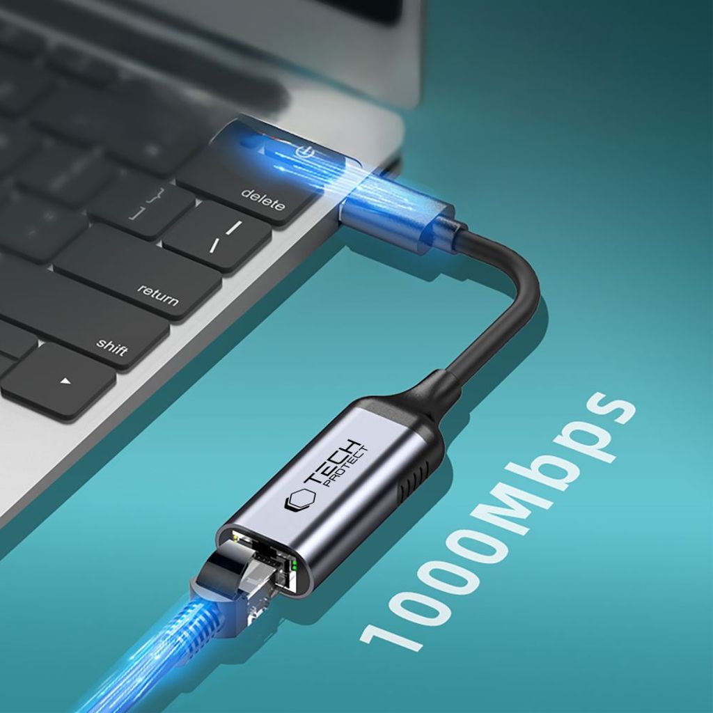 Tech-Protect UltraBoost USB-C til Ethernet RJ45 1000Mbps Adapter - Sort