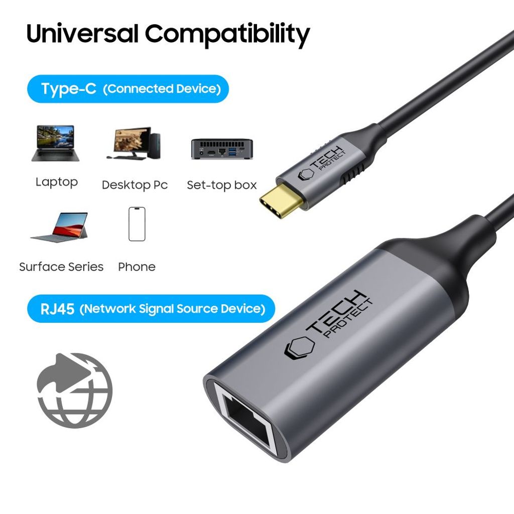 Tech-Protect UltraBoost USB-C til Ethernet RJ45 1000Mbps Adapter - Sort