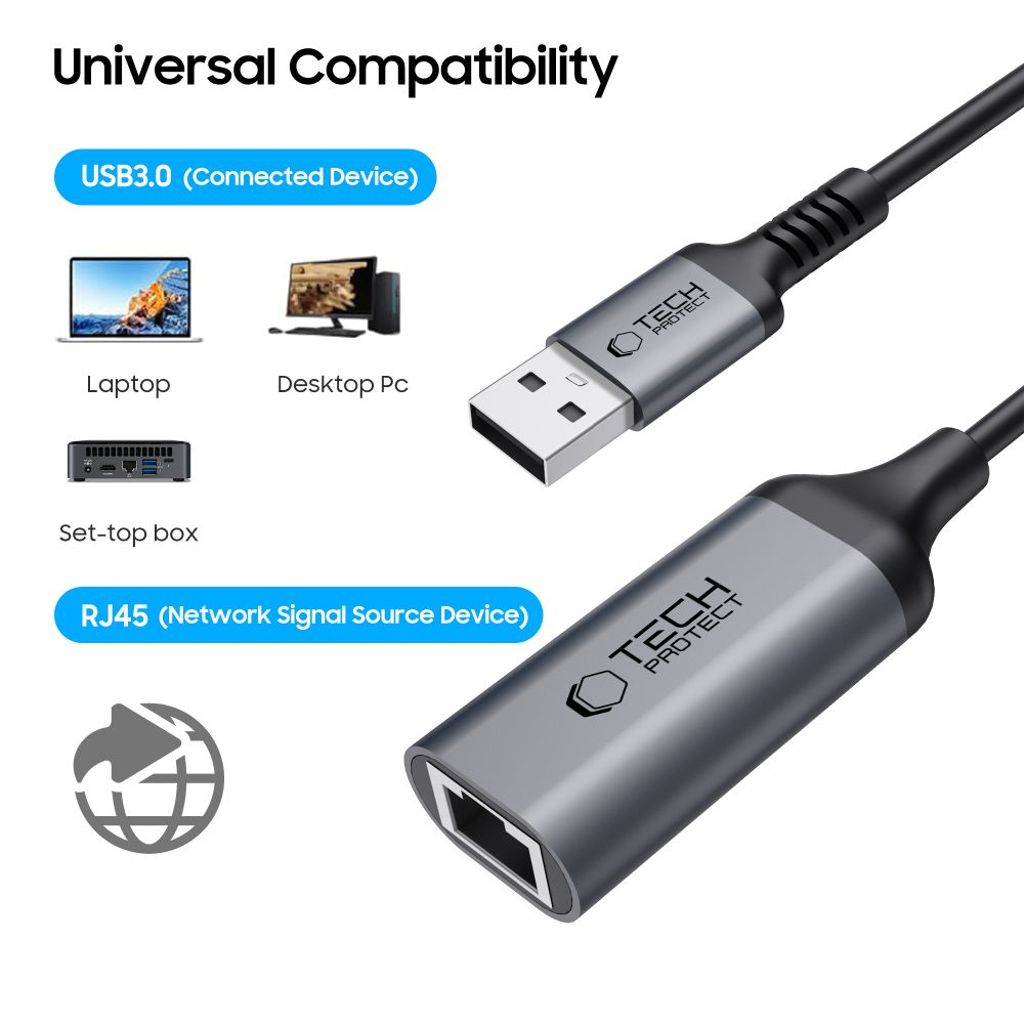 Tech-Protect UltraBoost USB-A 3.0 / Ethernet RJ45 Adapter 1000Mbps - Svart