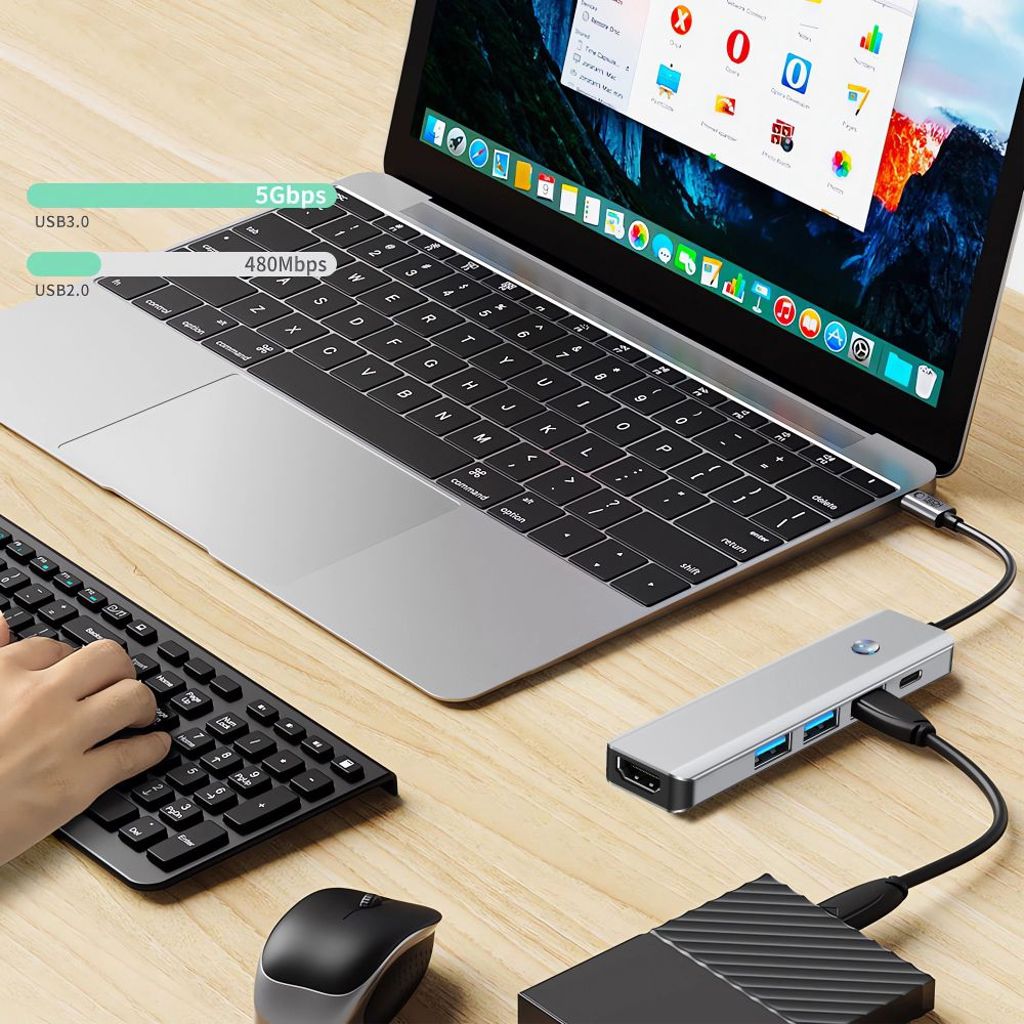 Tech-Protect HB01 HUB Adapter 5in1 USB-C + USB3.0 + HDMI 4K 60Hz + PD100W - grå