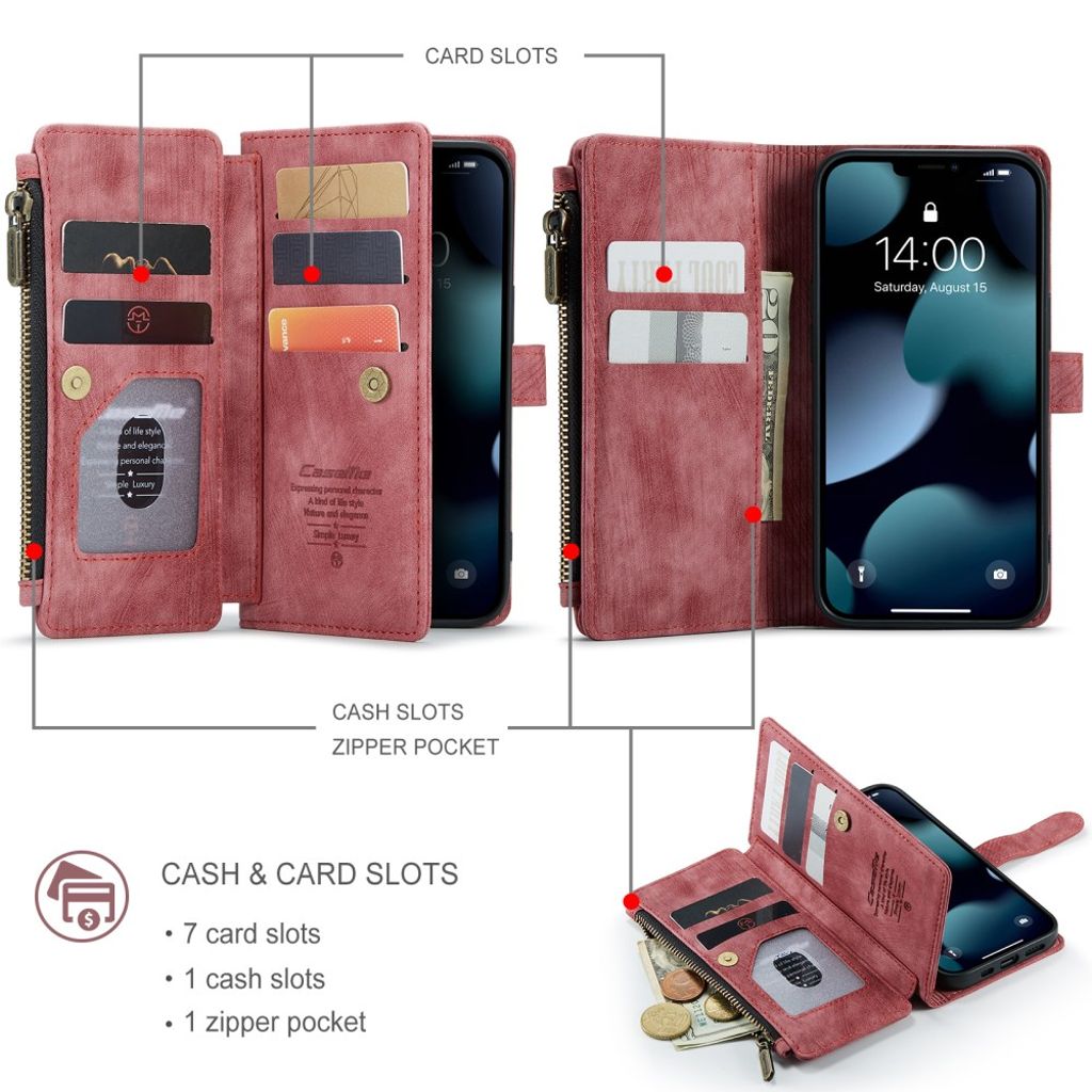 CASEME iPhone 13 Wallet Cover Card Holder Strap PU Leather - Red