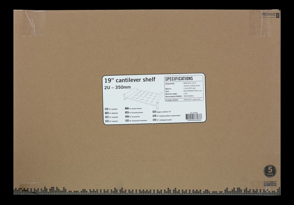 Deltaco 19" fast hylde 2U til rack - sort