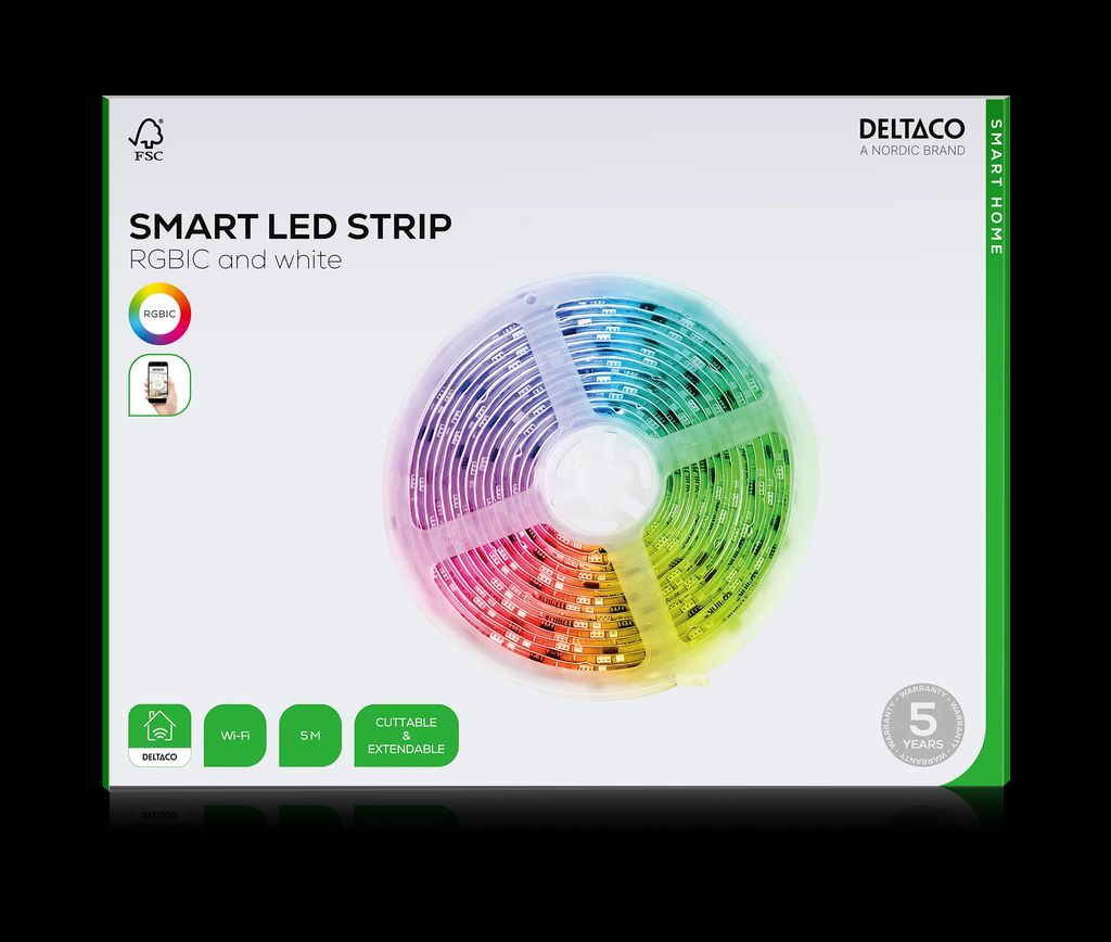 Deltaco SMART HOME RGBIC LED-strip 5 meter – App og fjernbetjening, musiksynkronisering