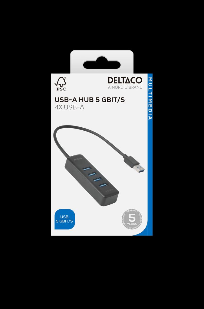 USB-A hub, 5 Gbit/s, 4x USB-A, slim - svart