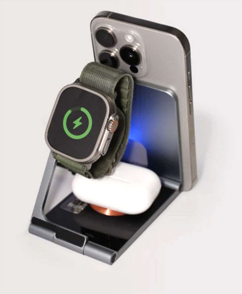 Deltaco 3-i-1 foldbar trådløs oplader med magnet, til iPhone, Apple Watch - 15W