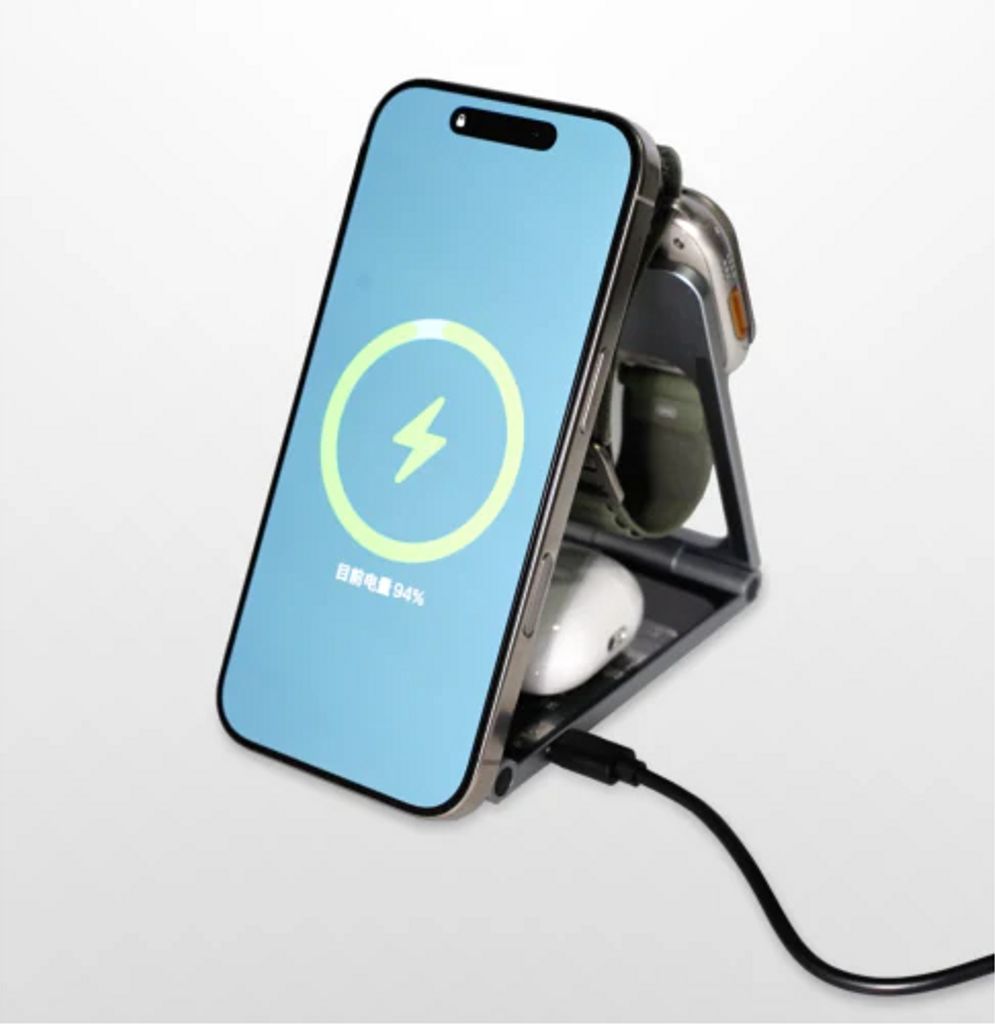 Deltaco 3-i-1 foldbar trådløs oplader med magnet, til iPhone, Apple Watch - 15W