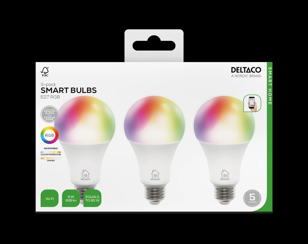 Deltaco smarte LED-pærer E27 RGB WiFi 9W 3-pakning