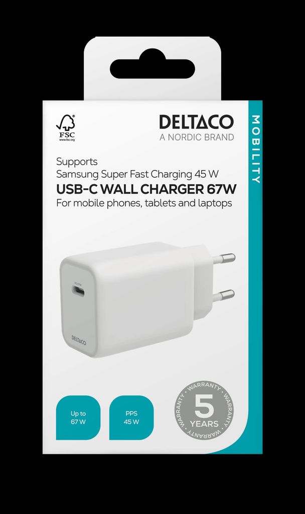 Deltaco USB-C GaN -seinälaturi 67W – Valkoinen