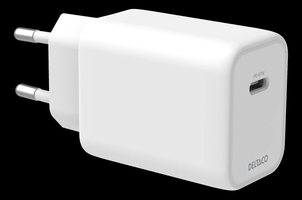 Deltaco USB-C GaN -seinälaturi 67W – Valkoinen