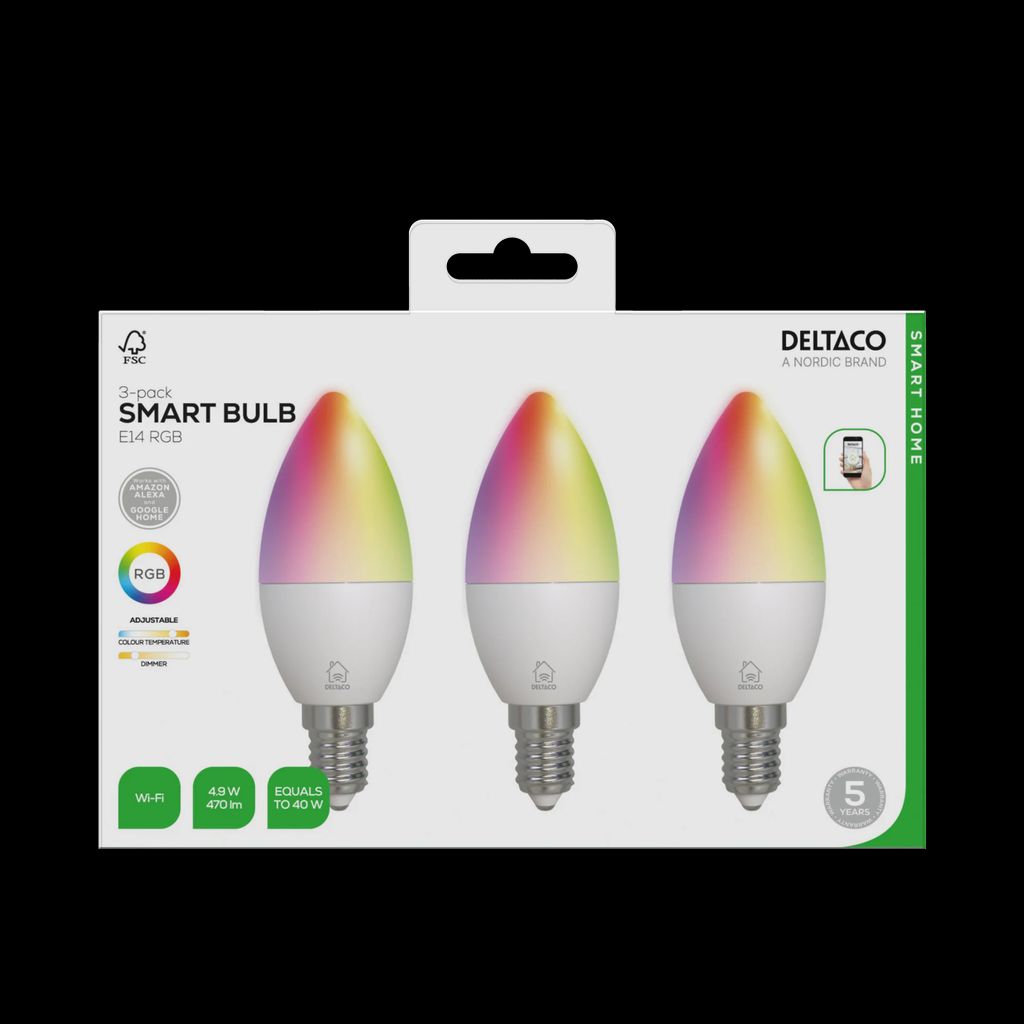 Deltaco 3-pak smarte LED-pærer E14 RGB WiFi - 4,9W