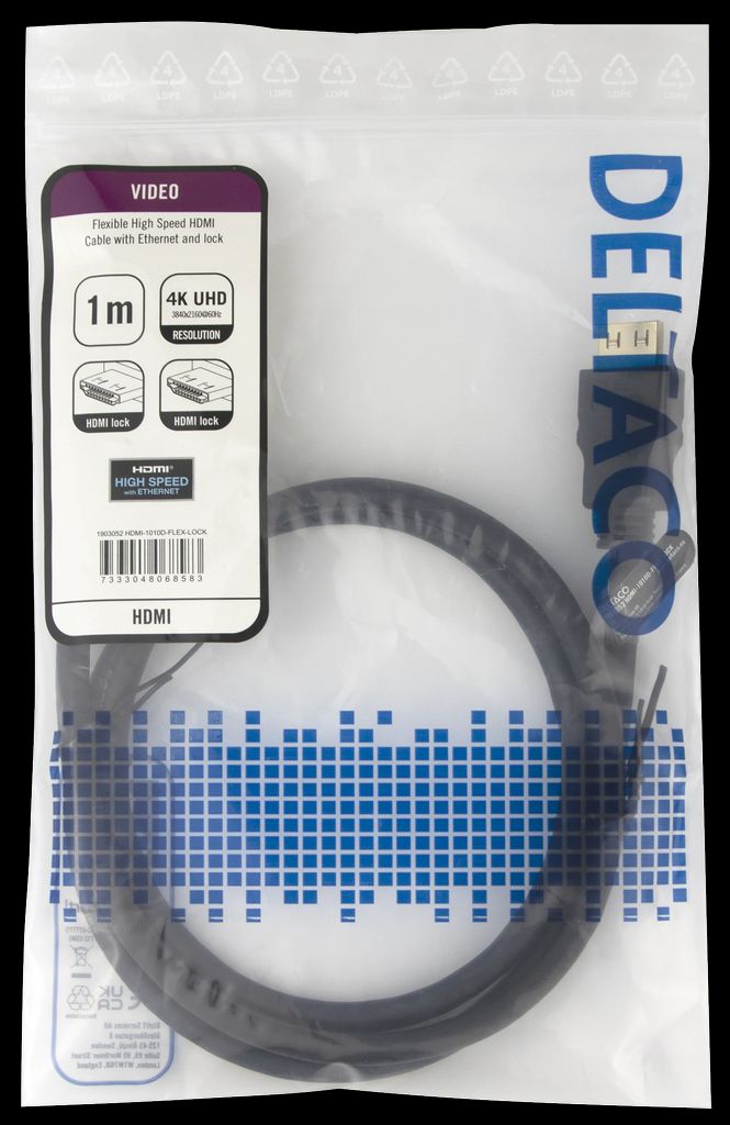 High-Speed Flex HDMI kabel 1m med lås, 4K UHD - Sort