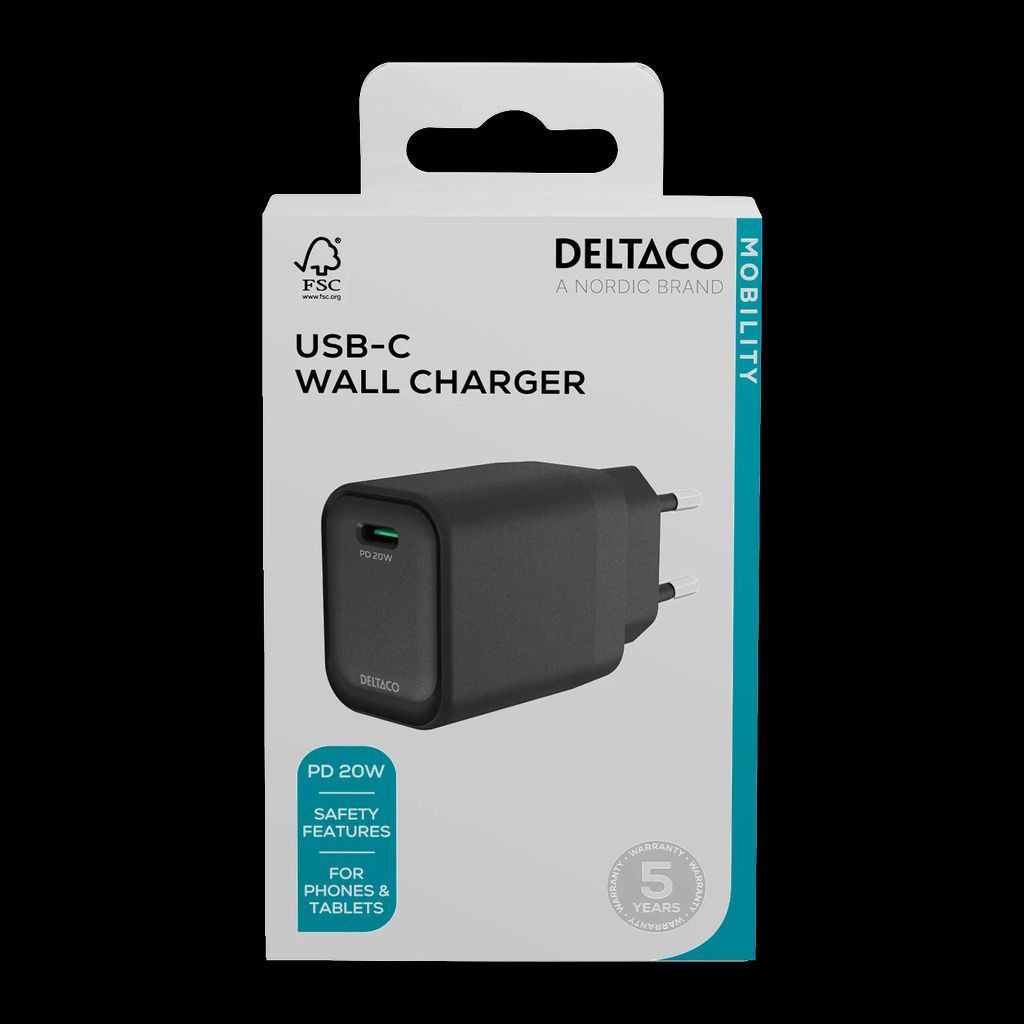 Deltaco USB-C -seinälaturi – 20 W, musta