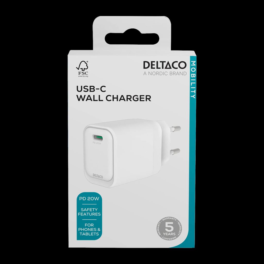Deltaco USB-C -seinälaturi 20 W PD – Valkoinen