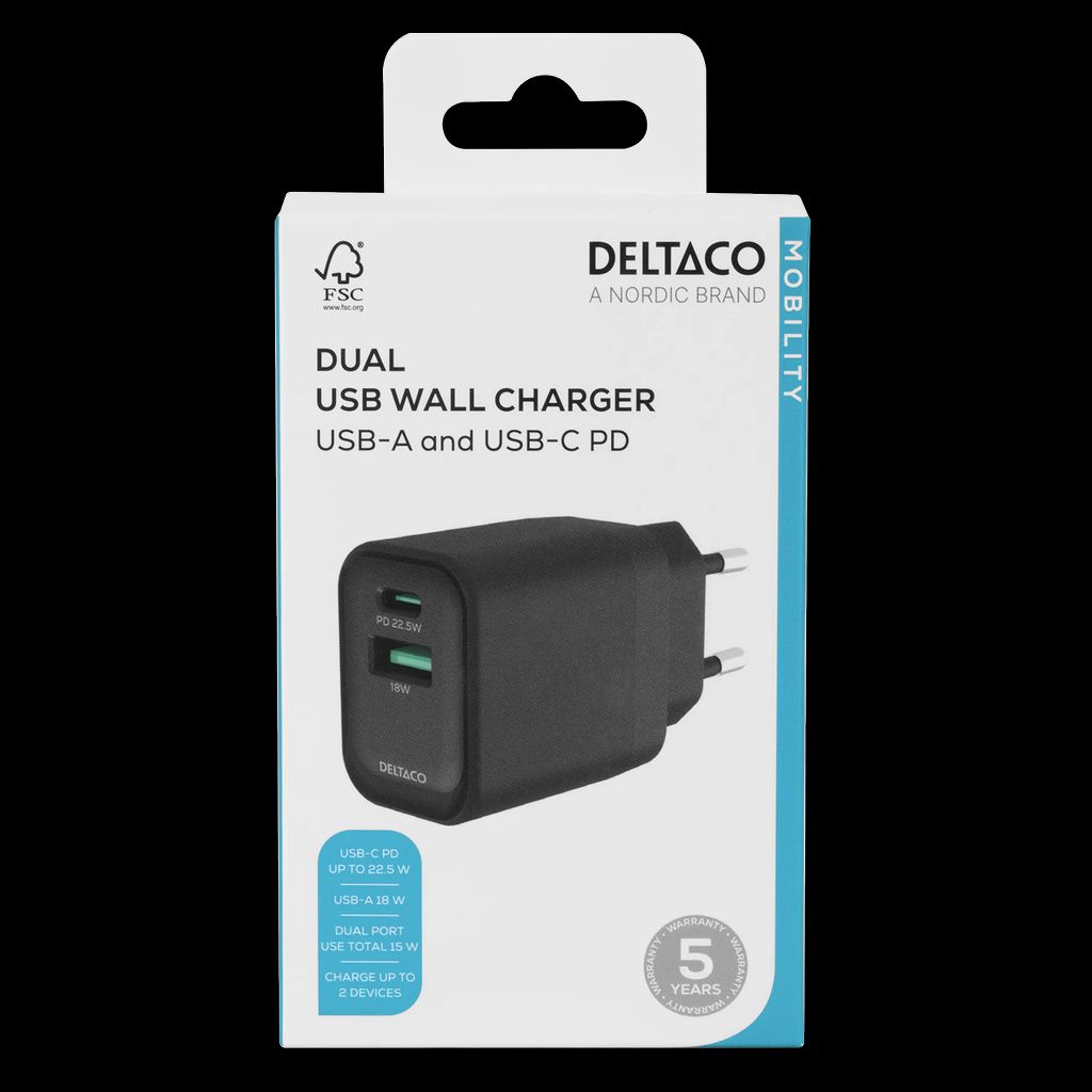 Deltaco USB-seinälaturi – USB-A 18W ja USB-C PD 20W – musta