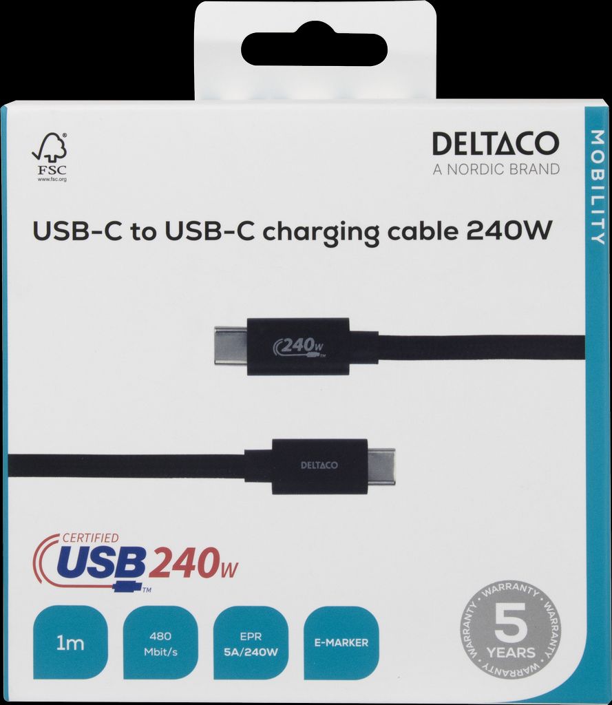 Deltaco USB-C 2.0 ladekabel 240W, 1m - svart