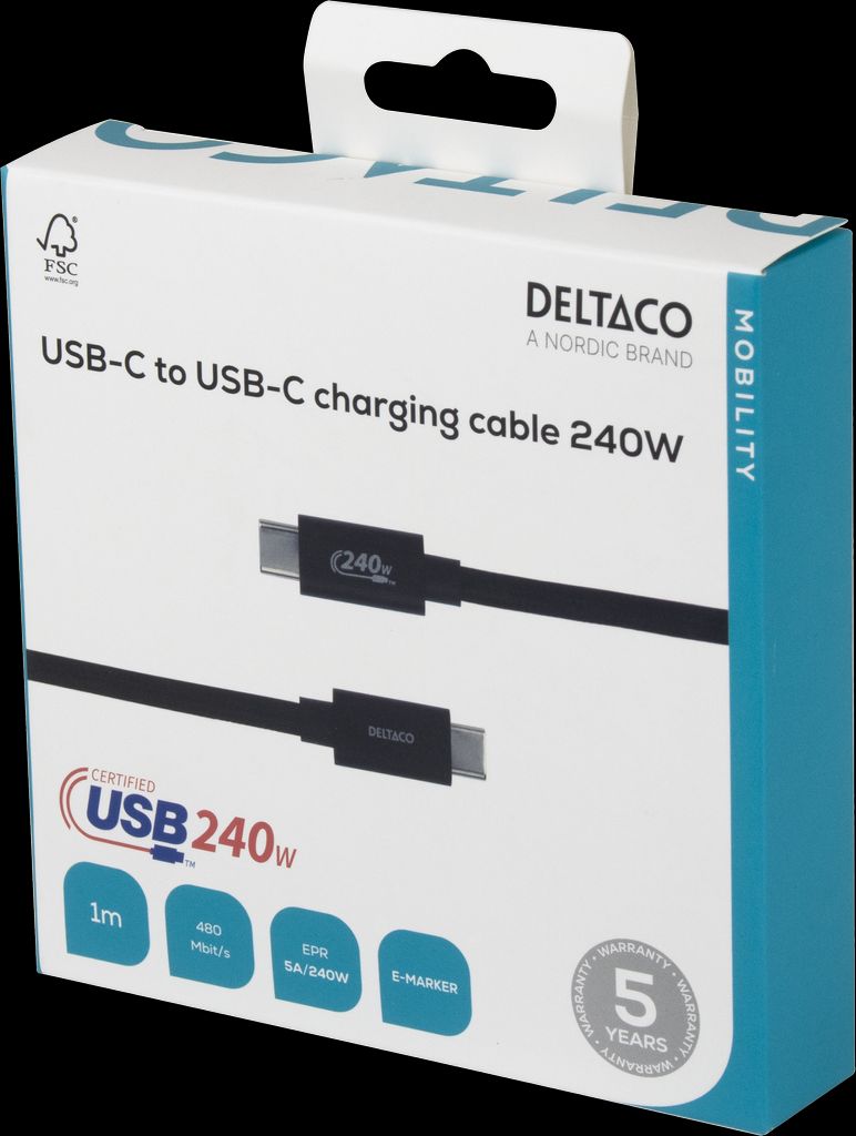 Deltaco USB-C 2.0 ladekabel 240W, 1m - svart