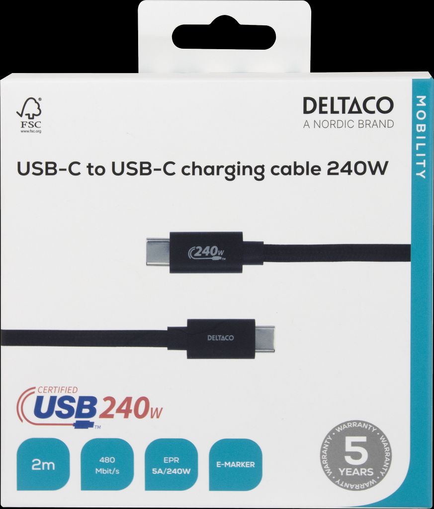 Deltaco USB-C 2.0 ladekabel 240W, 2m - svart
