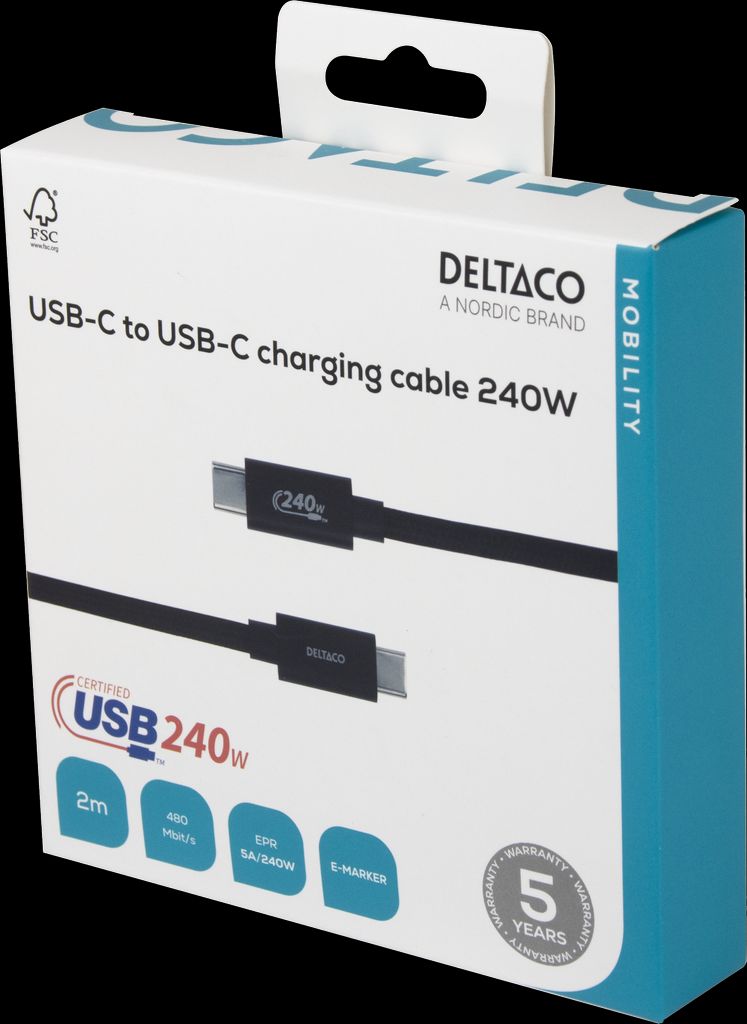 Deltaco USB-C 2.0 ladekabel 240W, 2m - svart