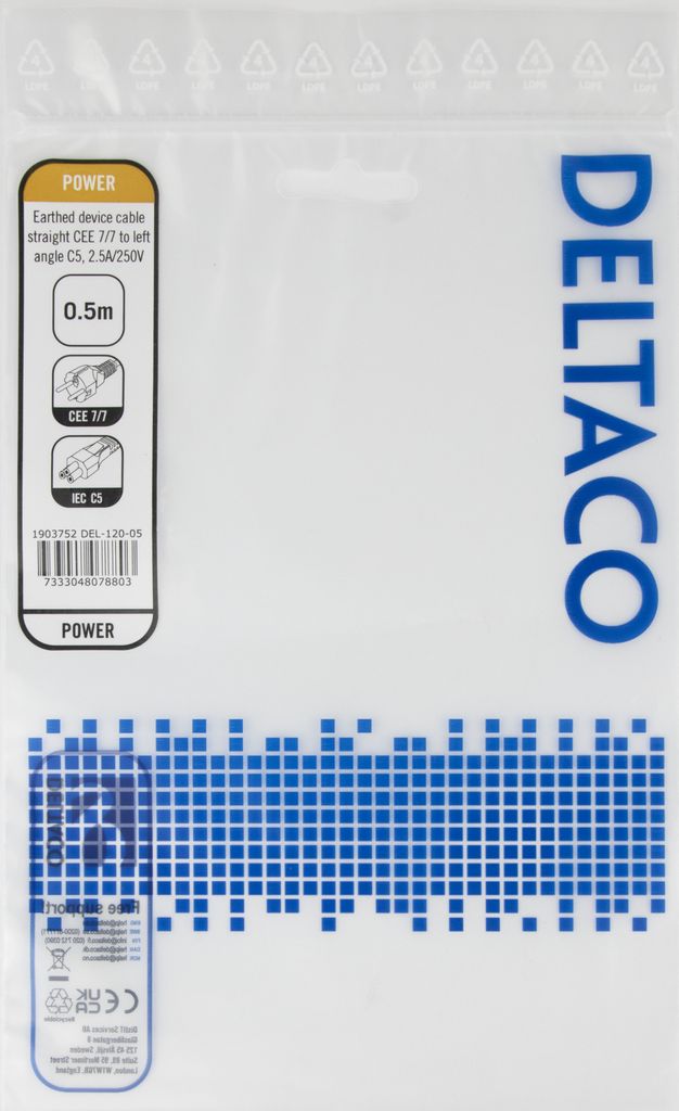 Deltaco apparatkabel CEE 7/7 til IEC C5, 0,5 m – svart
