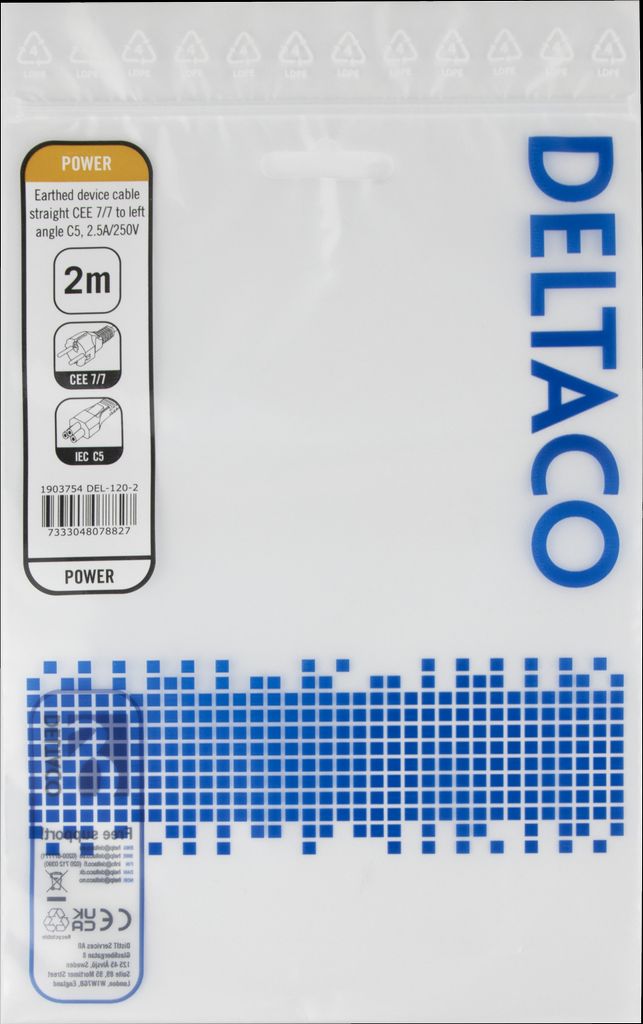 Deltaco apparatkabel - rett CEE 7/7 til venstrevinklet IEC C5, 2m, svart