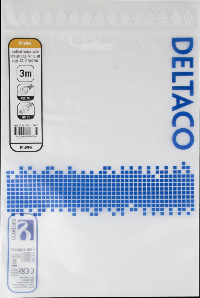 Deltaco apparatkabel - rett CEE 7/7 til venstrevinklet IEC C5, 3m - svart
