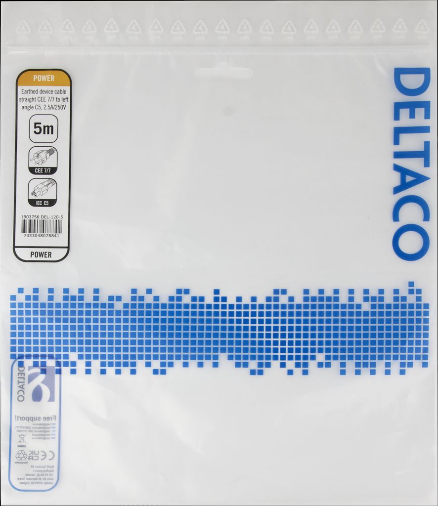Deltaco apparatkabel - rett CEE 7/7 til venstrevinklet IEC C5, 5m - svart