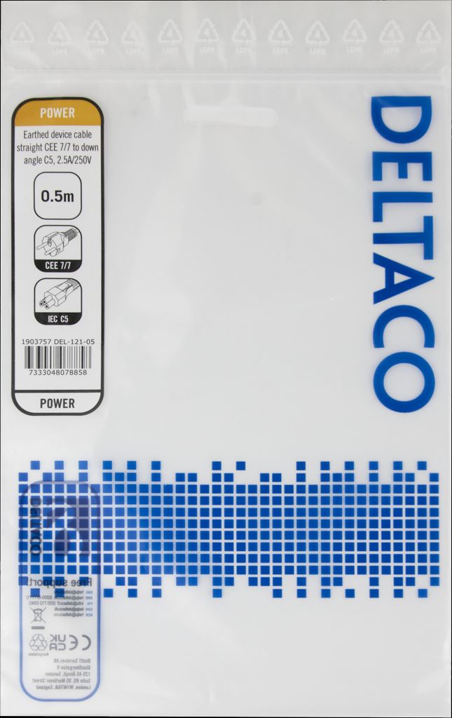 Deltaco apparatkabel - rett CEE 7/7 til nedovervinklet IEC C5, 0,5 m - svart