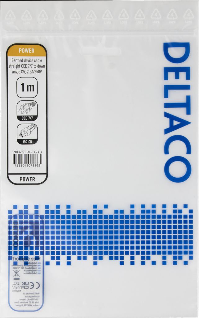 Deltaco apparatkabel - rett CEE 7/7 til nedovervinklet IEC C5, 1m - svart